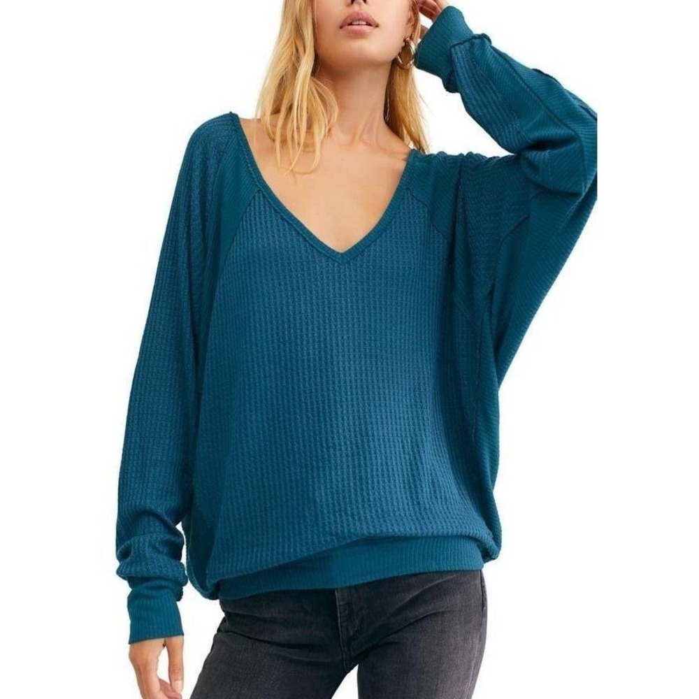 Free People We The Free Santa Clara Thermal Top XS Blue Waffle Boho Chic Slouchy